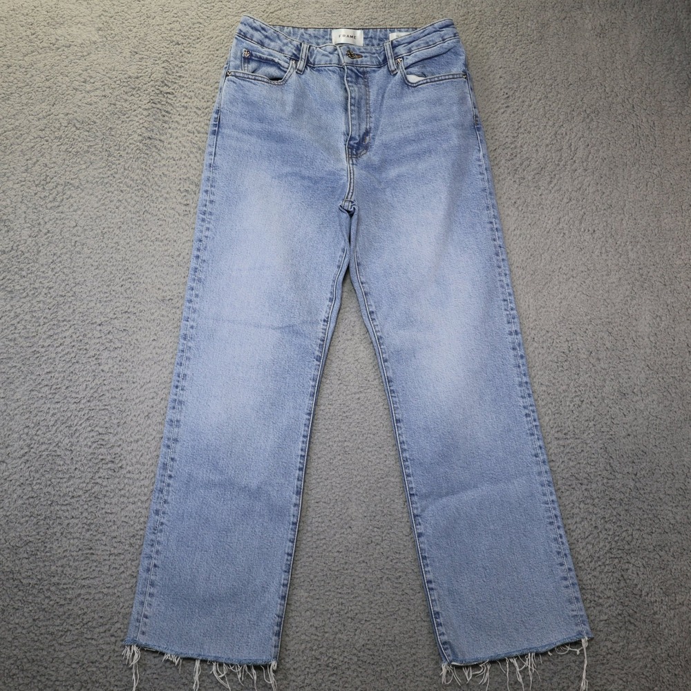 FRAME The Pixie Ruler Light Wash Raw Hem High Rise Straight Leg Jeans Womens 28